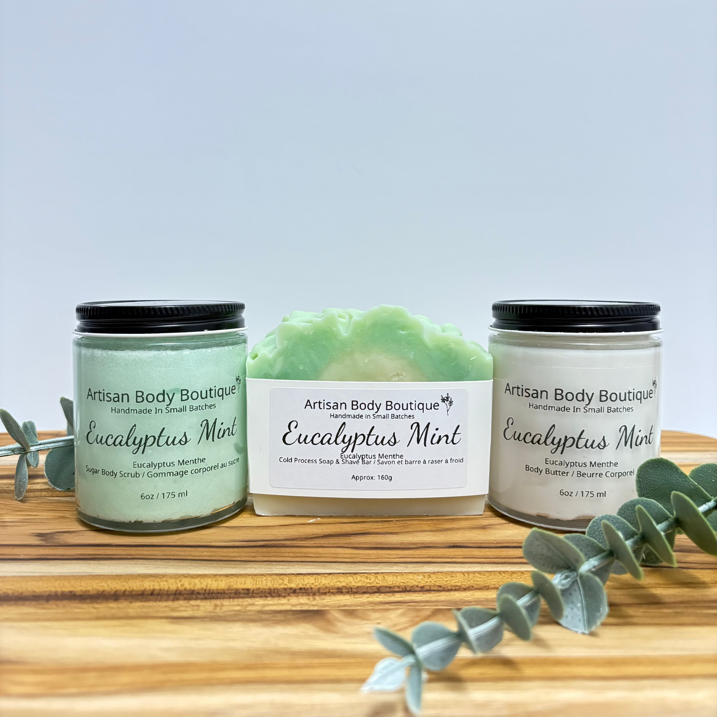 Bath & Body Care Gift Set – Artisan Soap, Moisturizer & Body Scrub Eucalyptus Mint Artisan Body Soap & Shave Bar, Whipped Body Moisturizer & Body Scrub