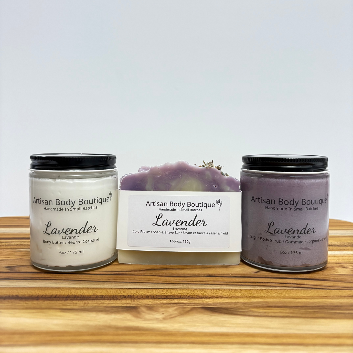 Bath & Body Care Gift Set – Artisan Soap, Moisturizer & Body Scrub Lavender Artisan Body Soap & Shave Bar, Whipped Body Moisturizer & Body Scrub